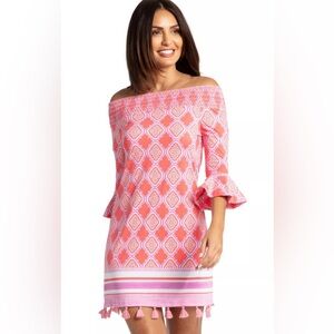Cabana Life Pink Coral Geo and Orange Off-Shoulder Sundress SPF 50 Size Medium